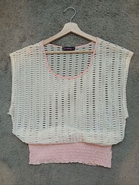 Annabelle Cream & Pink Open Crochet Knit Smocked Hem Sleeveless Top Size XL